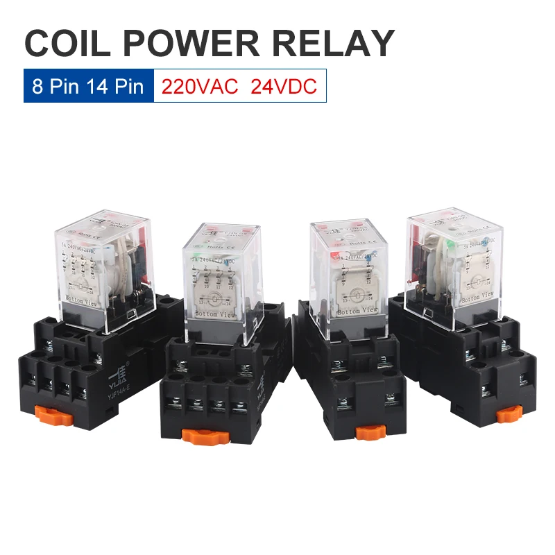 

24VDC 220V AC Coil Power Relay 8 Pin 14 Pin Small Intermediate Electromagnetic Relay YJ2N-GS YJF08A-E YJF14A-E With Socket Base