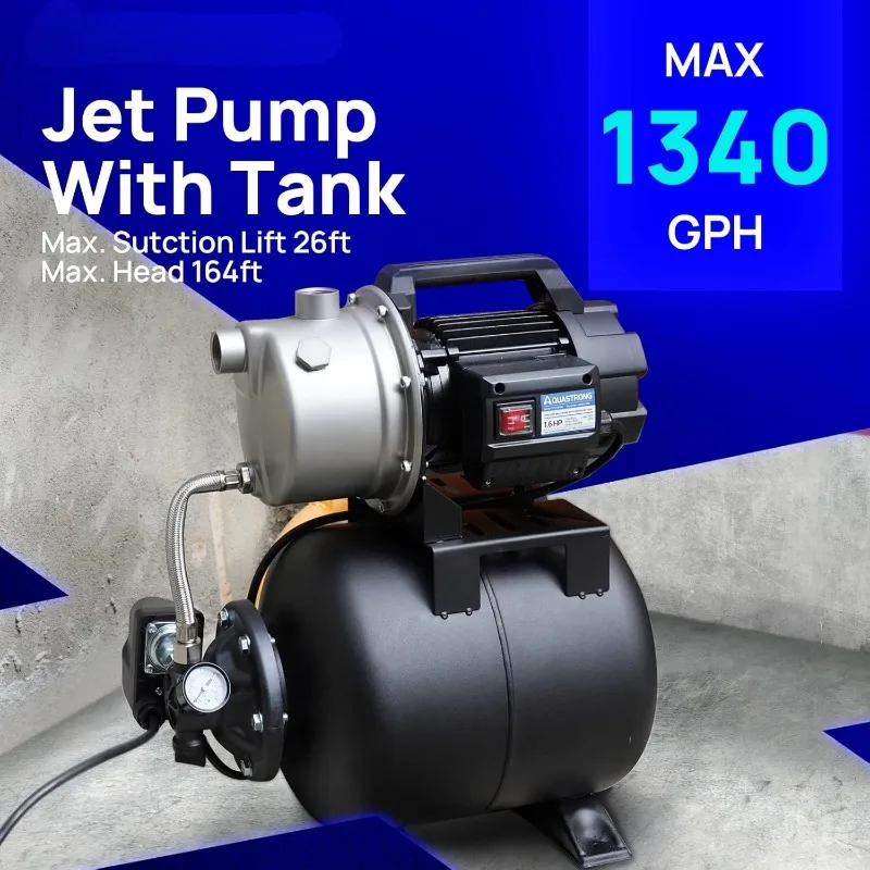 1.6 HP Shallow Well Pump with Pressure Tank, 1320 GPH, 115V, Stainless Steel Irrigation Pump Home Jet Pump