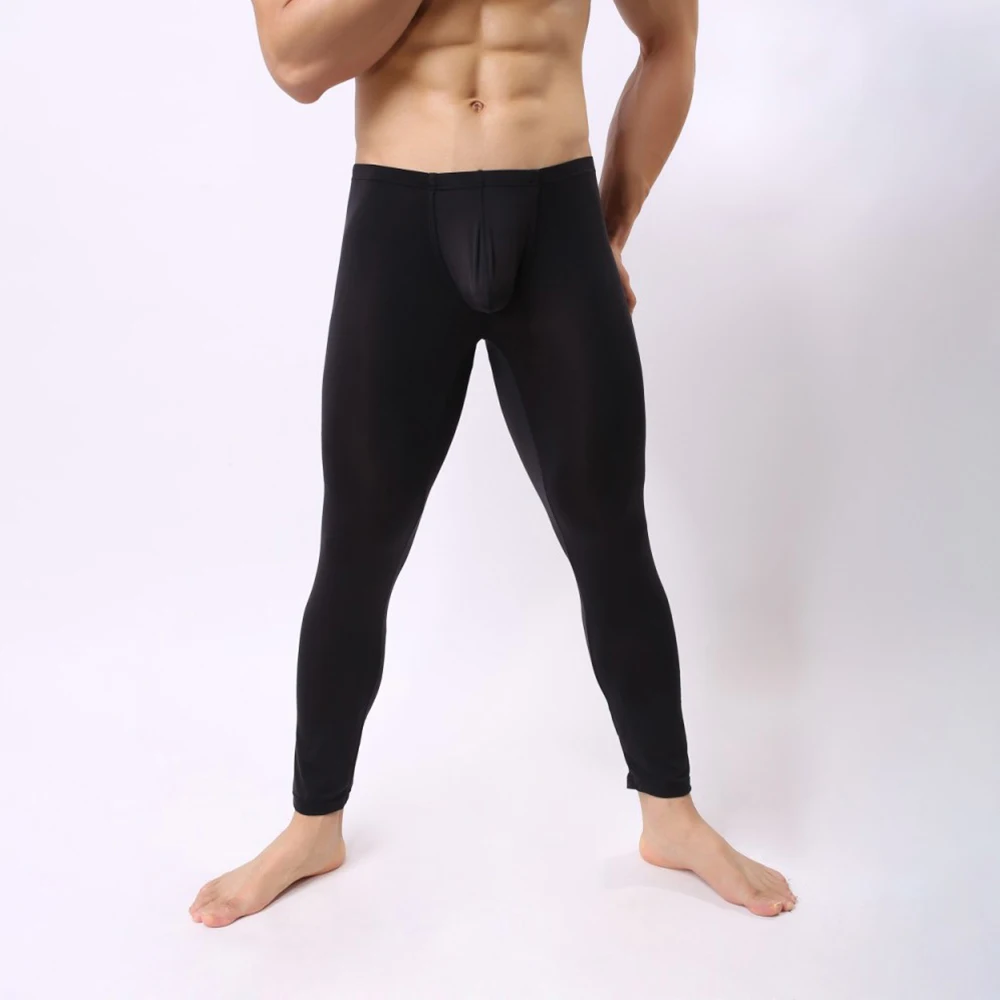 Mens Long Johns Underwear Soft Ice Silk Elastic Sports Legging Pants Trousers See Through Sexy Underpants Sleepwear Pajamas