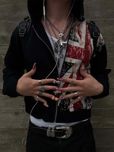 Imagen 2 del producto Sudadera con capucha desgastada de estilo Punk de invierno para mujer, sudadera Retro Grunge con cremallera, ropa de calle de gran tamaño con capucha, novedad de 2025