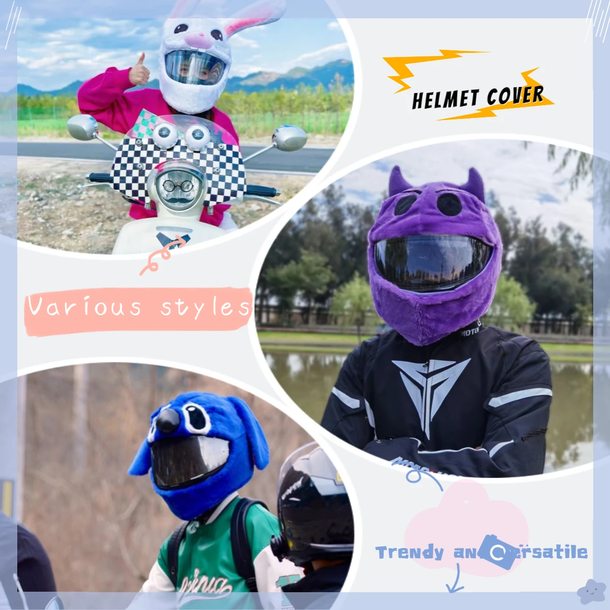 

Multi Style Helmet Protective Cover Blue Purple Devil Cute Cartoon Plush Skiing Helmet Cover Trendy and Versatile