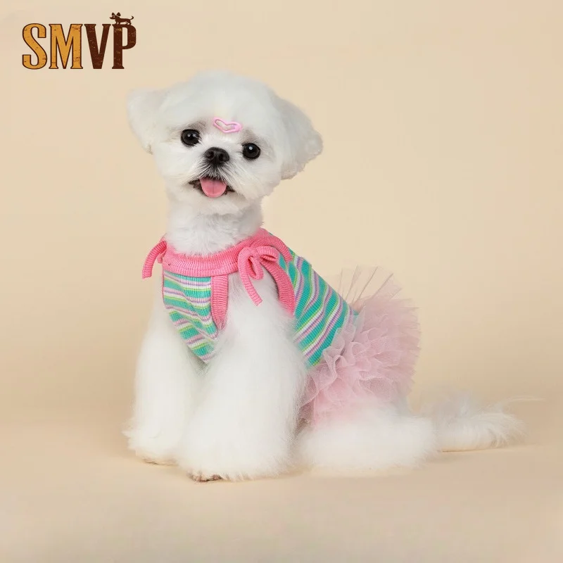 Candy Color Striped Pet Sleeveless Vest Dress Cute Sweet Tulle Tutu Puffy Dress Breathable Light Summer Clothes for Cats Pets
