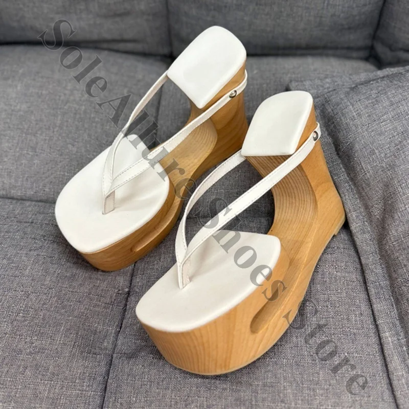 Cowhide Leather Thong Strap Hollow Wood Wedge Sandals Cutout Curved Block Platform Slip-On Flip Flop Vacation Casual Sandals