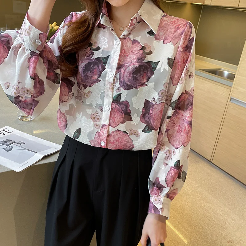 Women Spring Korean Fashion Loose Printing Turn-down Collar Long Sleeve Shirts Women Clothes Casual Office Lady All-match Tops