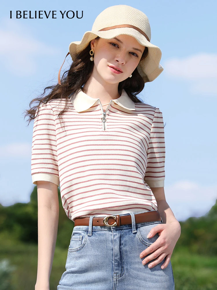 

I BELIEVE YOU Striped Short-sleeve Women Polo Neck T-shirt 2024 Summer New Office Lady Basics Slim Trendy Female Tops 2242015690