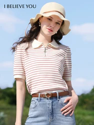 I BELIEVE YOU Striped Short-sleeve Women Polo Neck T-shirt 2024 Summer New Office Lady Basics Slim Trendy Female Tops 2242015690