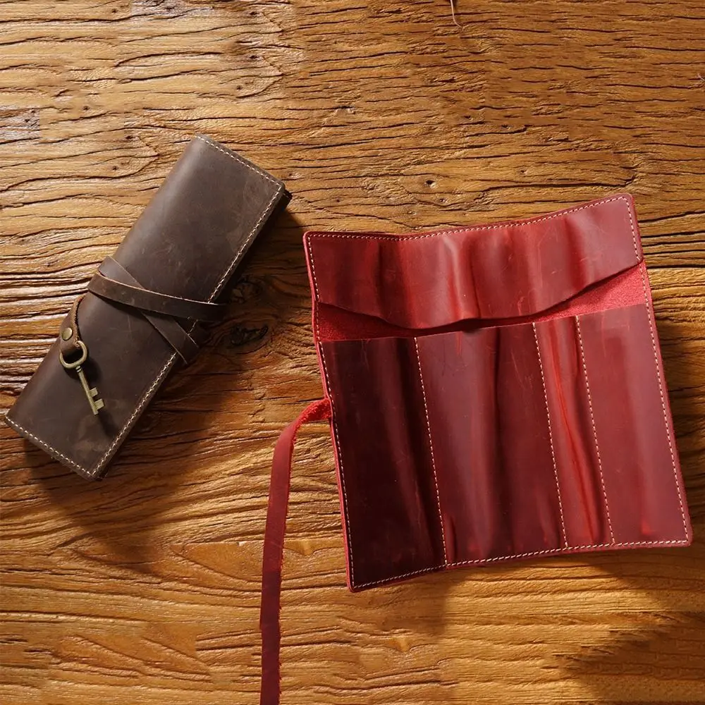 

Cowhide Leather Pen Bag Retro Multi-Compartment Pencil Roll Bag Multi-colors Tie Rope Vintage Cowhide Pencil Case