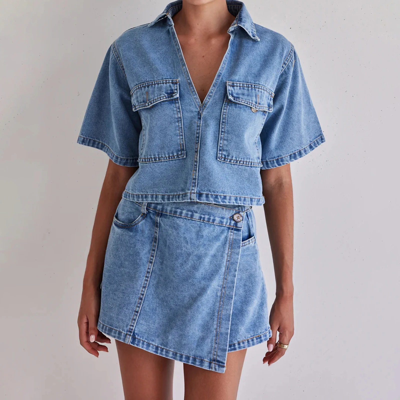 

New Fashion Womens 2 Piece Denim Outfits Short Sleeve Lapel Tops Irregular Skirted Shorts Sets Club Street Style S-XL