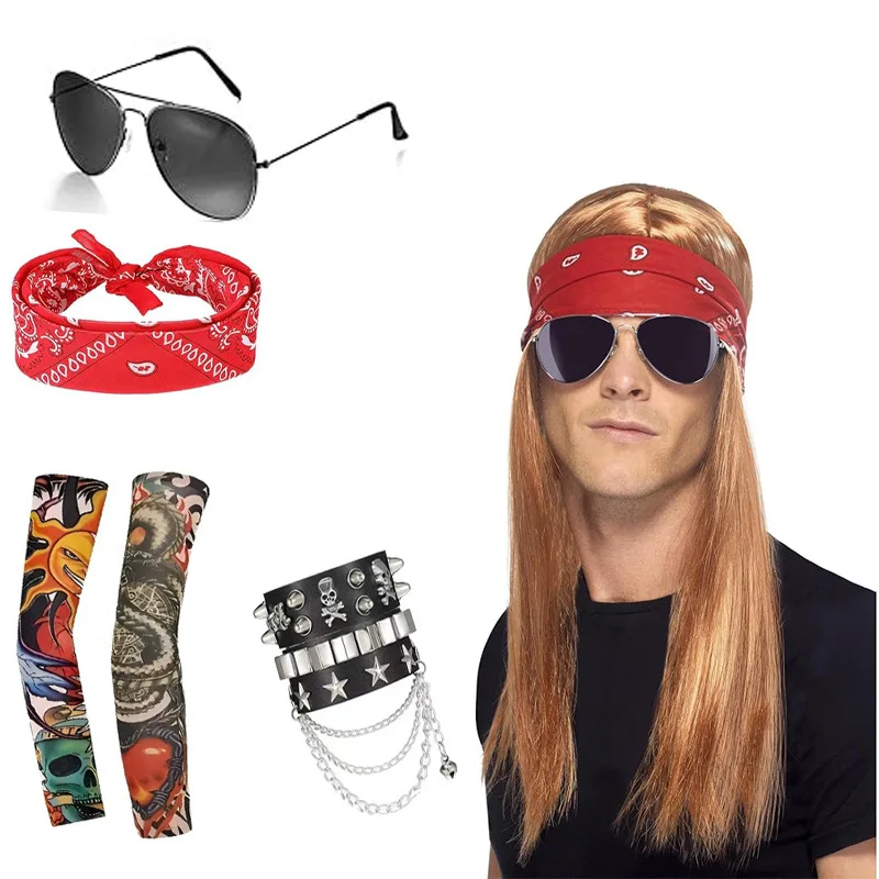 80s Metal Rocker Costume Set Color Tattooed Sleeve Rock Heavy Metal Accessories for Halloween 80s Disco Party Cosplay