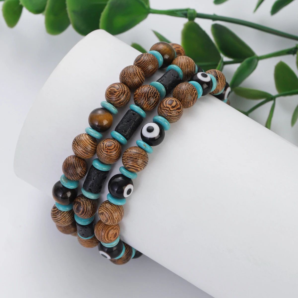 Fashion Natural Turquoises Wooden Beads Bracelet for Men Black Evil Eye Elastic Stand Bracelet Bangle Homme Accessorie Jewelry