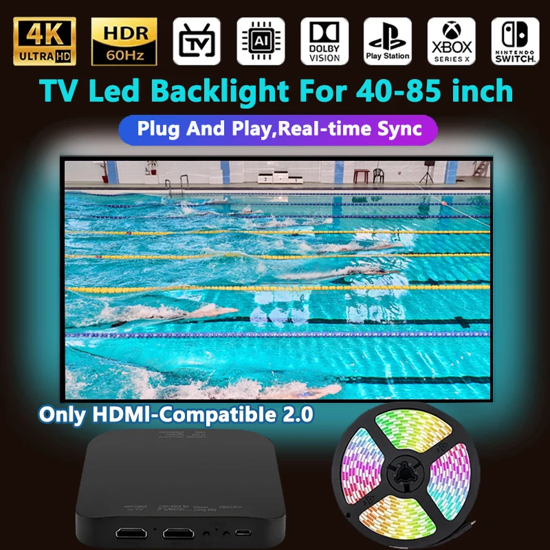 Color Real-Time Sync Ambient TV Backlight For 40-85Inch LED Light Strip HDMI-Compatible 2.0 Device Sync Box Light Kit For TV Box