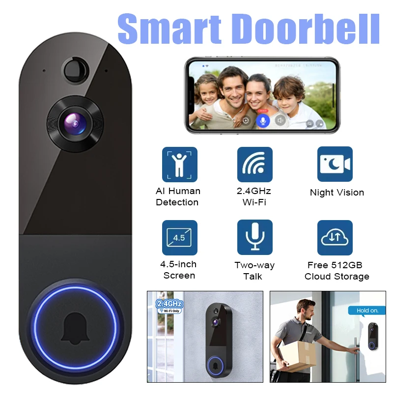 1080P Wireless Doorbell Camera High Definition Night Vision PIR Motion Detection Two-Way Audio Video Door Bells Home Office