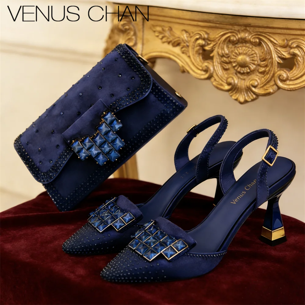 

Туфли на высоком каблуке темно-синего цвета с острым носком и сумка для женщин, украшенные стразами, для вечерних мероприятий, элегантная роскошная сумочка