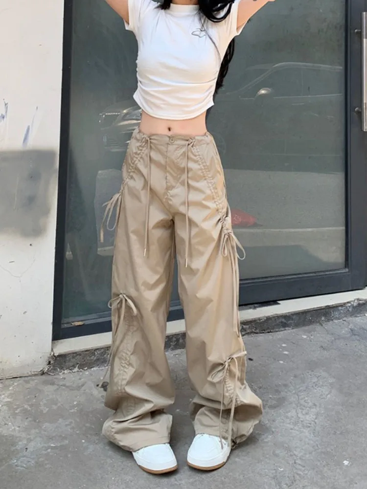 Women Y2K Streetwear Bow Tie Cargo Pants Female Casual Solid Baggy Kpop Wide Leg Drawstring Oversize Joggers Trousers