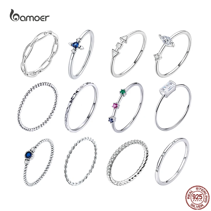 Bamoer 925 Sterling Silver Proste pierścionki z cyrkoniami dla kobiet Kolorowe srebrne pierścionki na palce Casual All-match Biżuteria Prezenty
