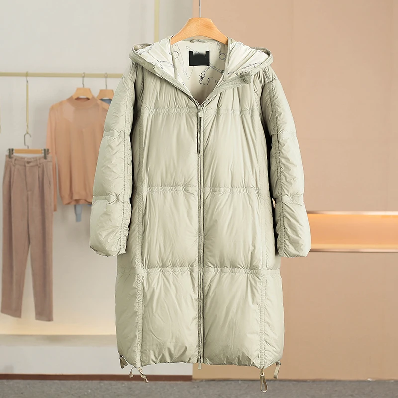 

Loose Fit Hooded down Jacket Mid-Length Drawstring Hem Women's Winter Coat Warm Polyester Fiber White Duck down Filling