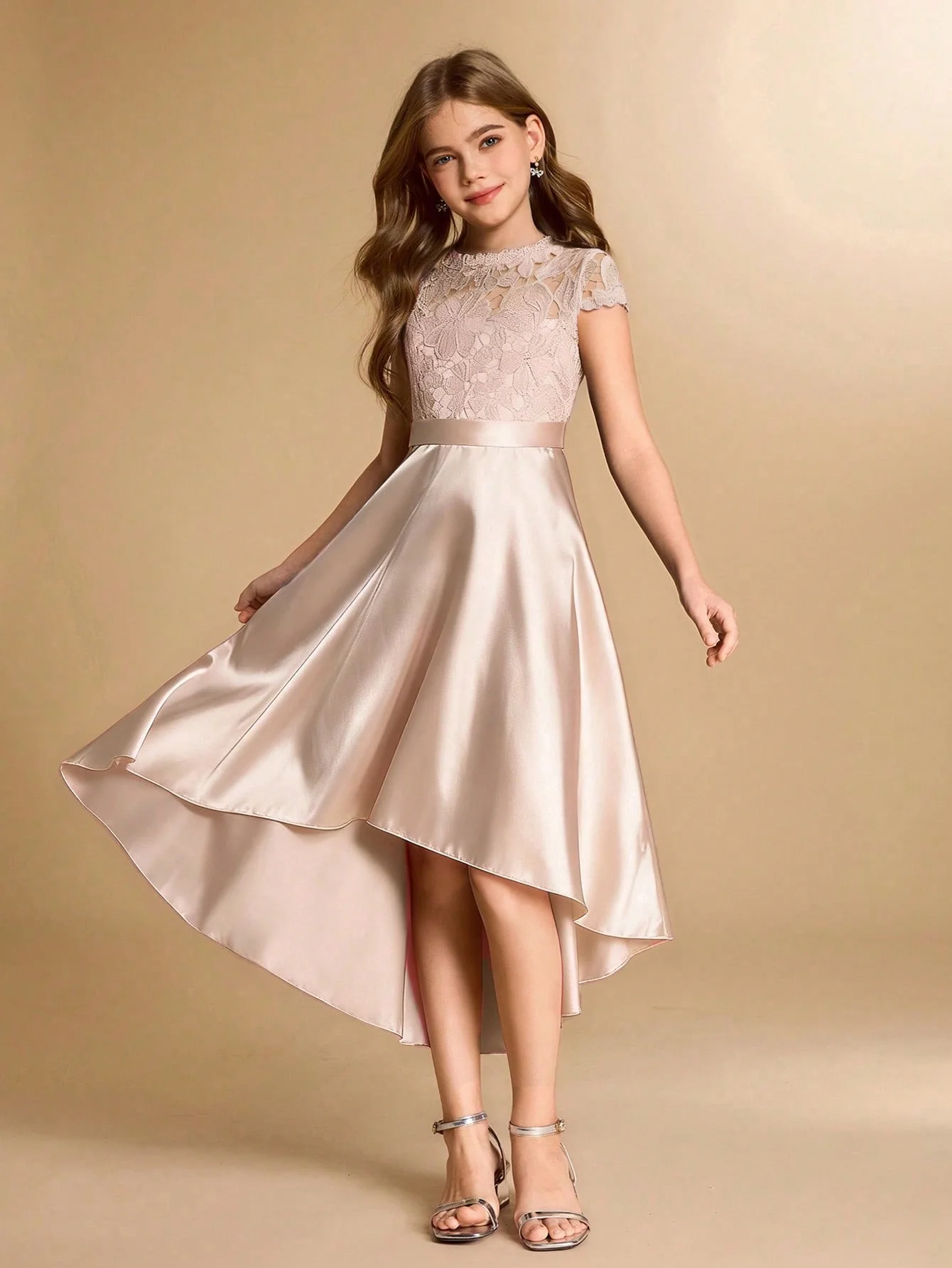 Children's First Communion Dress Simple Lace Satin Flower Girl Dress Waist A-Line Dress Wedding Party Pageant Dress