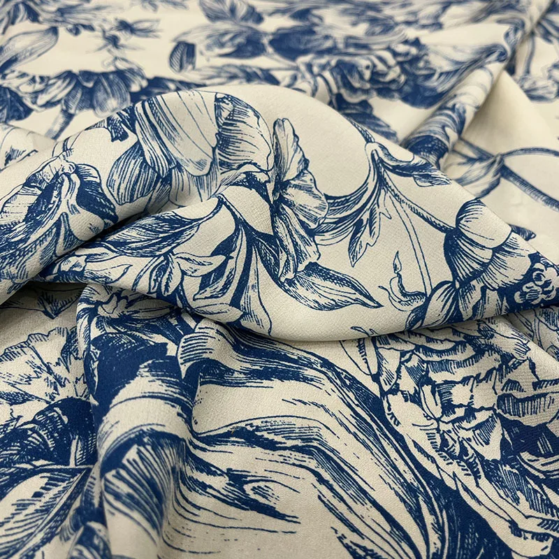 Brand Fashion Design Fabric Blue and White Porcelain Printed Drape Dress Wide Leg Pants Shirt Polyester Satin Fabrics Cloth