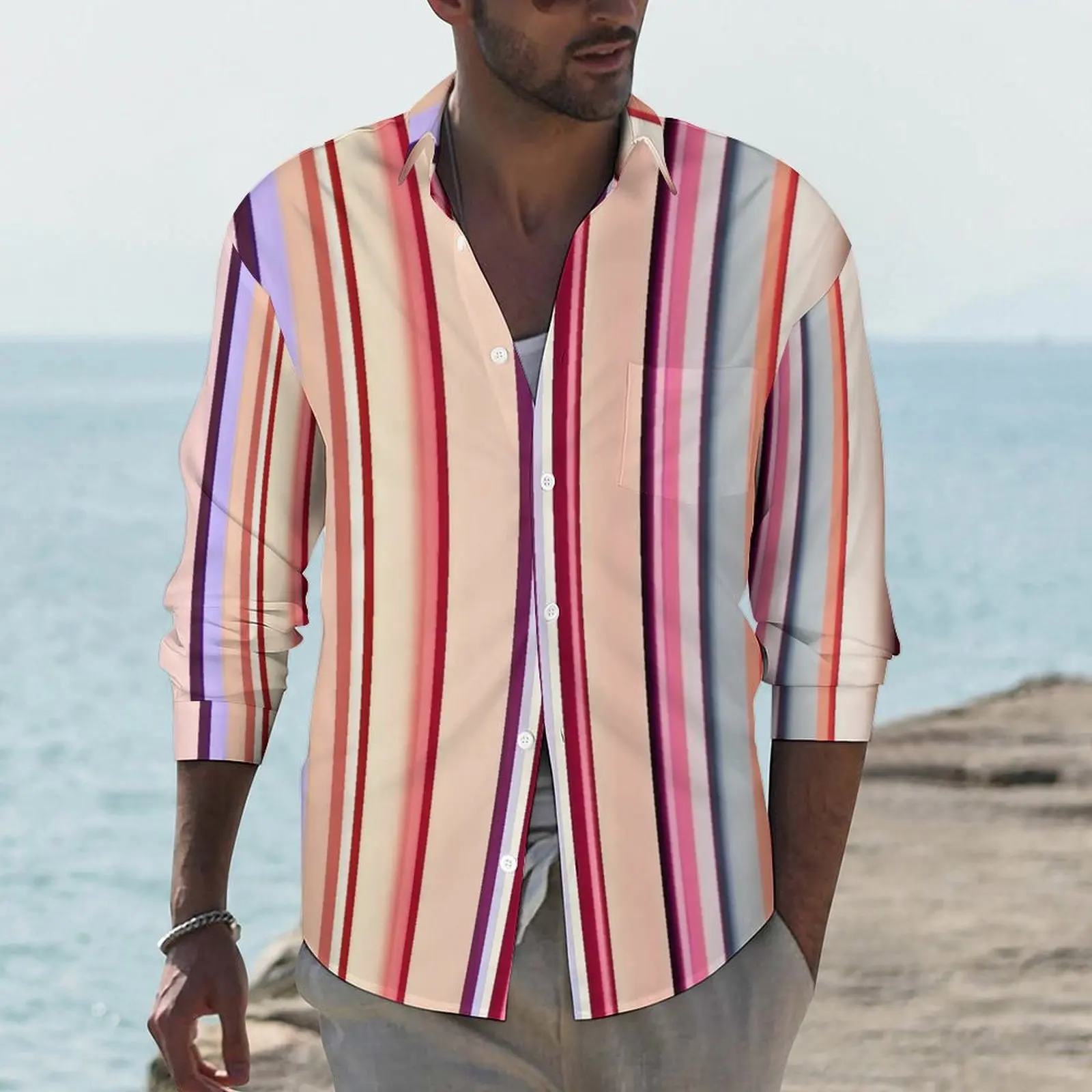 Retro Striped Shirt Spring Colorful Print Casual Shirts Men Cool Blouses Long Sleeve Custom Y2K Clothing Big Size