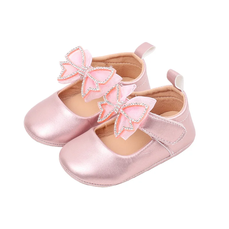 Cathery sepatu bayi perempuan Mary Jane flat lucu Rhinestones busur tambal sulam gaun sepatu Non-Slip sepatu boks bayi baru lahir sepatu kulit anak