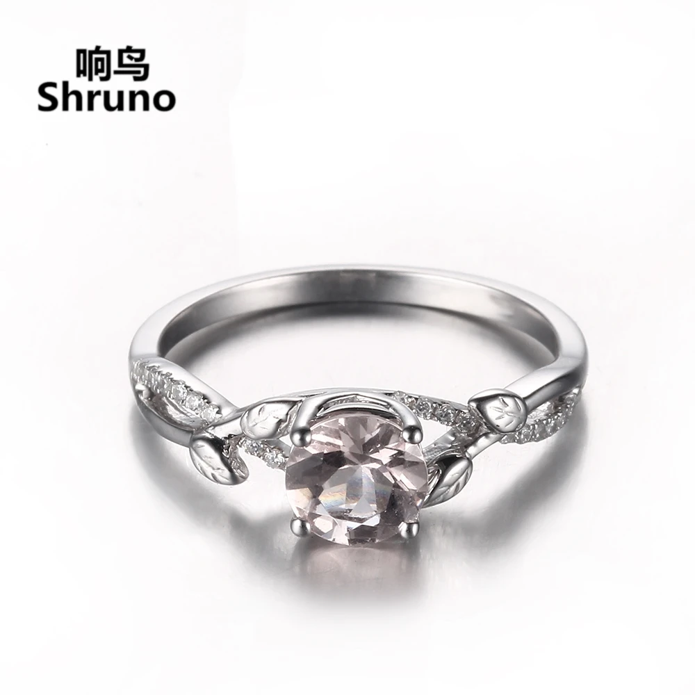 Shruno Solid 14k White Gold 6mm Round Natural Morganite Gemtones Ring For Women Diamonds Engagement Trendy Leaf style Jewelry