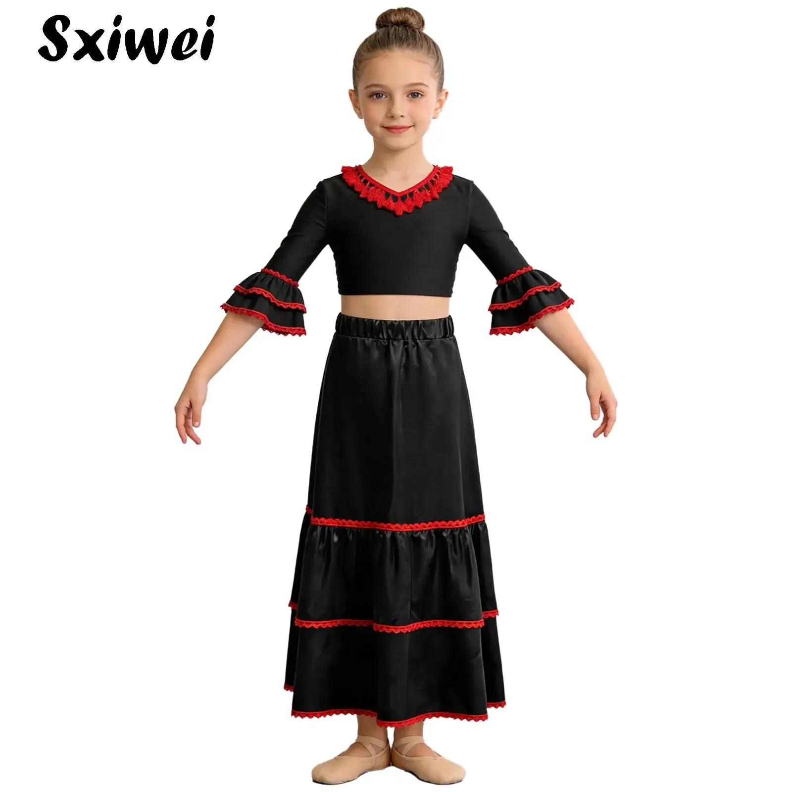 

Girls Spanish Flamenco Gypsy Costume Ruffle Half Sleeves Crop Top And Satin Tiered Skirt Ballroom Dance Outfit Stage Performance
