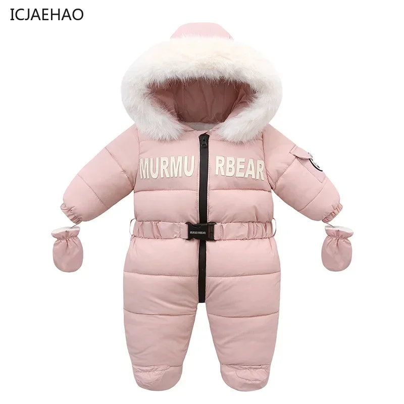 

2025 Fashion Letter Toddler Jumpsuit Baby Girl Hooded Zipper Romper with Belt Boys Thick BoutiqueNewborn Bodysuits Warm Babies