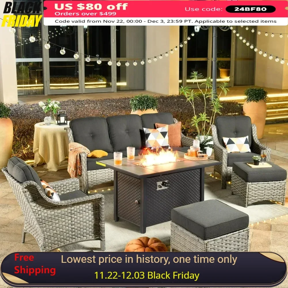 

Outdoor 6 Piece Patio Furniture with Fire Pit Table, Comfy Sectional Deep Sofa with Ottoman for Porch Balcony Backyard Pool