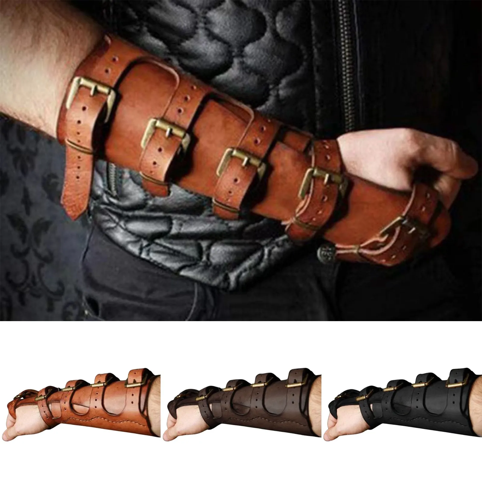 Medieval Viking Wristband Gauntlet Vambrace Arm Cuff Armor Steampunk Gothic Leather Glove LARP Men Knight Costume Buckled Bracer