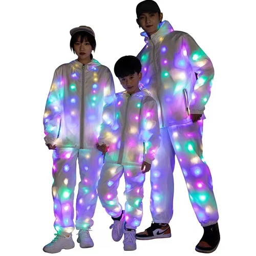 Imagen 2 del producto Traje de baile brillante, chaqueta LED, pantalones LED, ropa de Cosplay LED luminosa, disfraz de Halloween para niños y niñas, bolsillo con cremallera