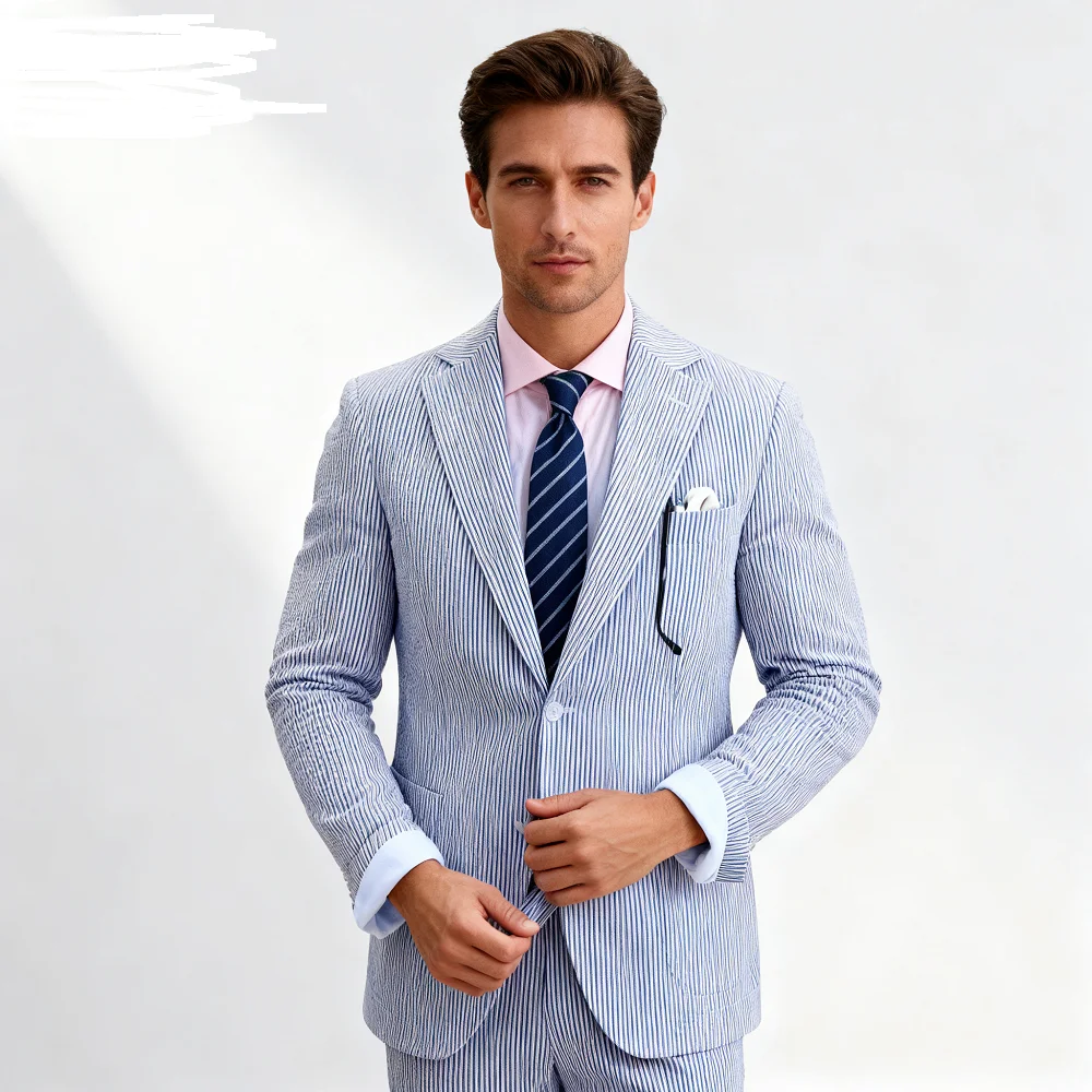 

Men's 2-Piece Seersucker Tailored Lapel Formal Tuxedo Jacket And Pants Casual Blazer Slim Fit for Wedding Party
