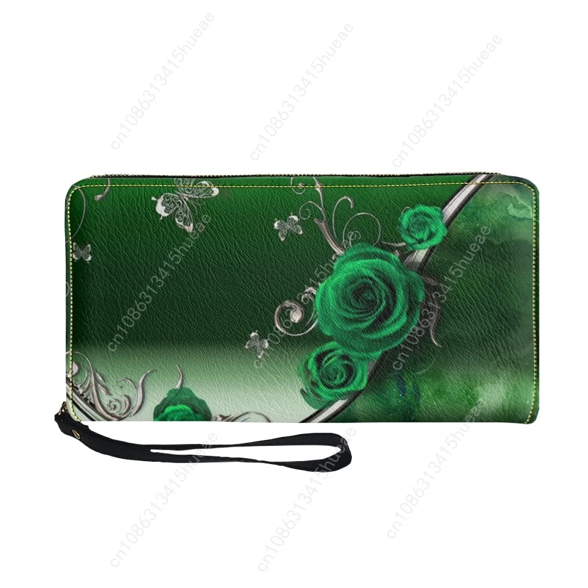 Moda Gothic Rose Green Skórzane portfele dla kobiet Luksusowa marka 2023 Torebki damskie Pasek na nadgarstek Torebka Casual Card ID Holders