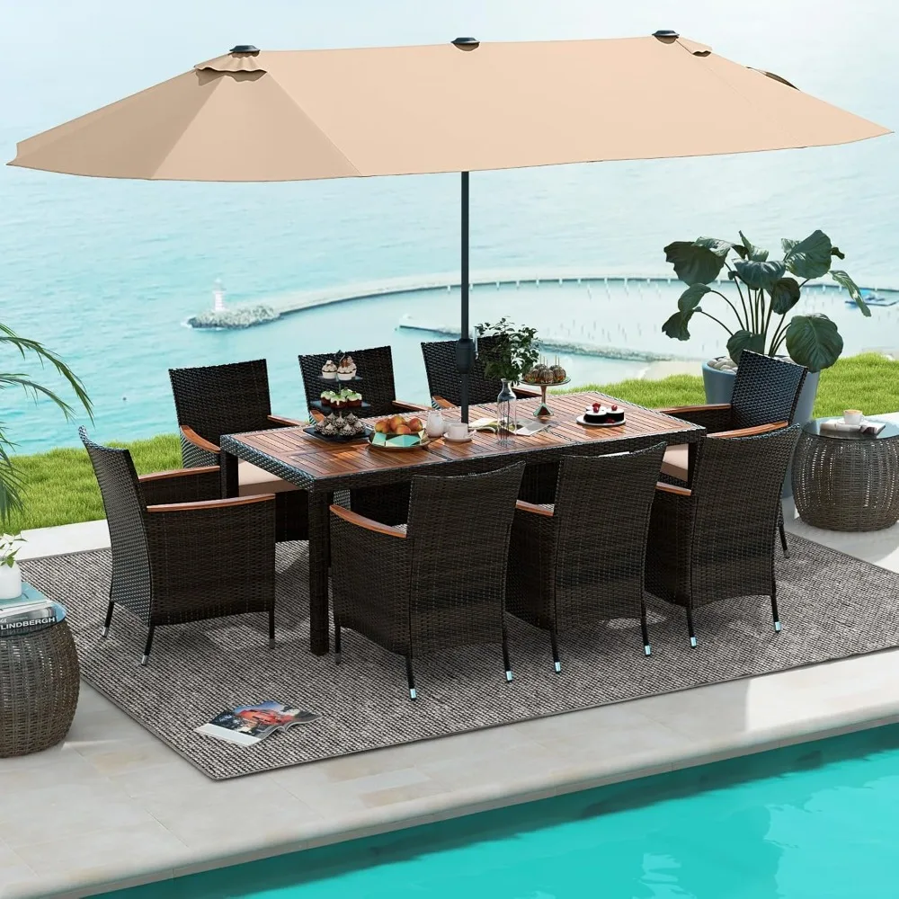 10 Piece Patio Rattan Dining Set with 15Ft Double-Sided Umbrella, Outdoor Heavy Duty Acacia Wood Table and Stackable Wicker Cha