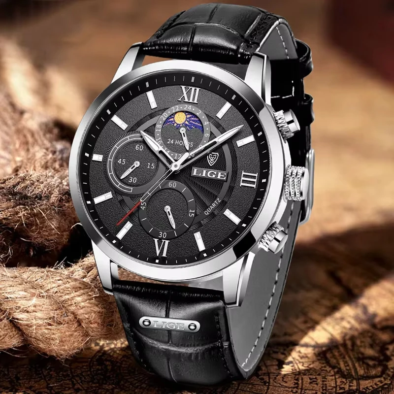 ساعات رجالي LIGE العلامة التجارية الفاخرة الجلود ساعة كوارتز عادية رجل الرياضة مقاوم للماء ساعة القمر المرحلة ساعة Relogio Masculino + صندوق