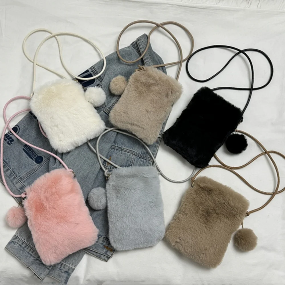 Fashion Plush Shoulder Bag With Pendant Women Phone Pouch Purse Faux Fur Soft Crossbody Bag Autumn Winter Large Capacity Handbag