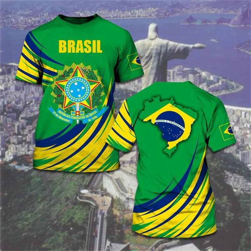 Trendy Brazilian Flag Printing Short Sleeve Mens Brazilian Football Wear Personalized Summer Quick Drying T-shirt Men Tshirt Top