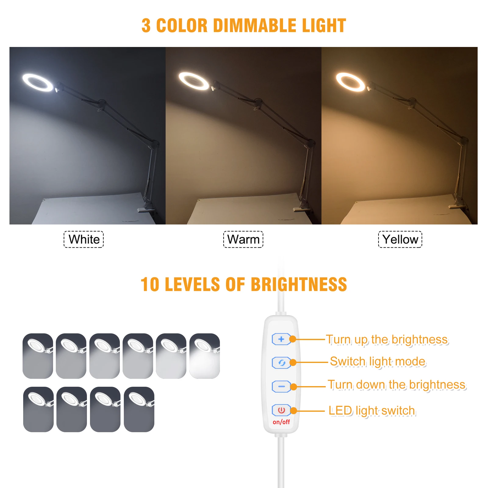 5X Magnifier with USB 3 Color LED Light Long Adjustable Swinging Arm Magnifying Lamp for Reading Workbench Table Lights