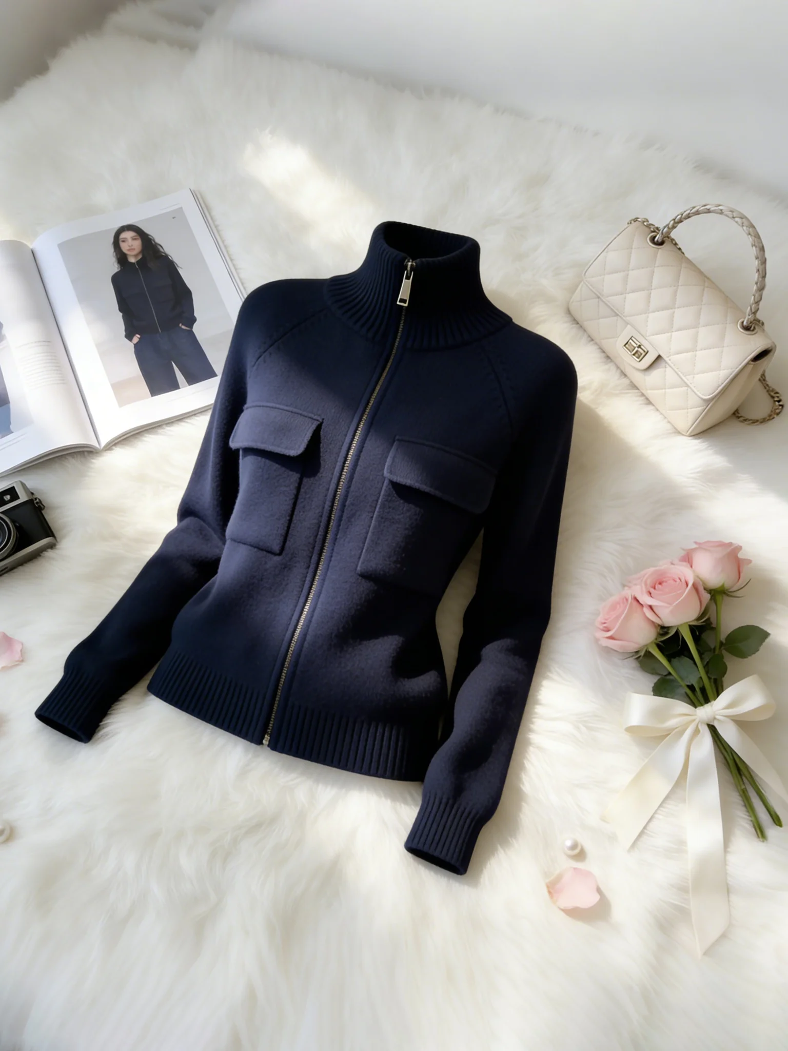 

Spring 2026 Commuter Style Zipper Knitted Long Sleeve Stand Collar Women's Fashionable Versatile Open Cardigan Trendy Top