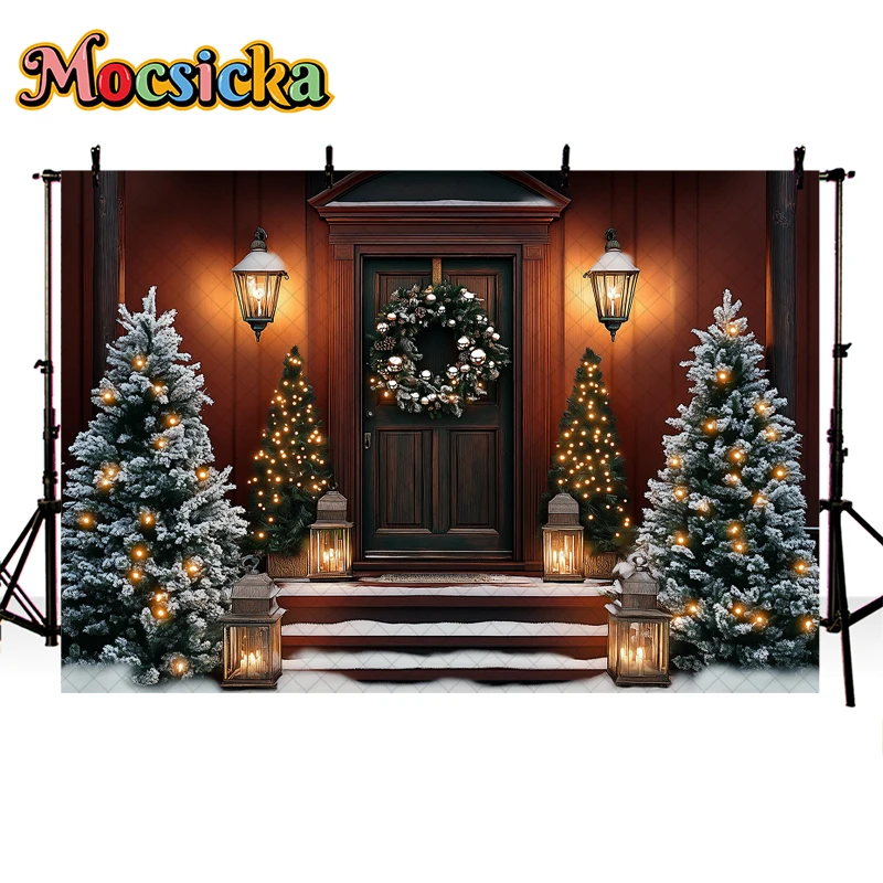 Mocsicka Winter Christmas Photography Background Red Wall Wooden Door Xmas Tree Decor Kids Adult Portrait Photo Backdrop Studio