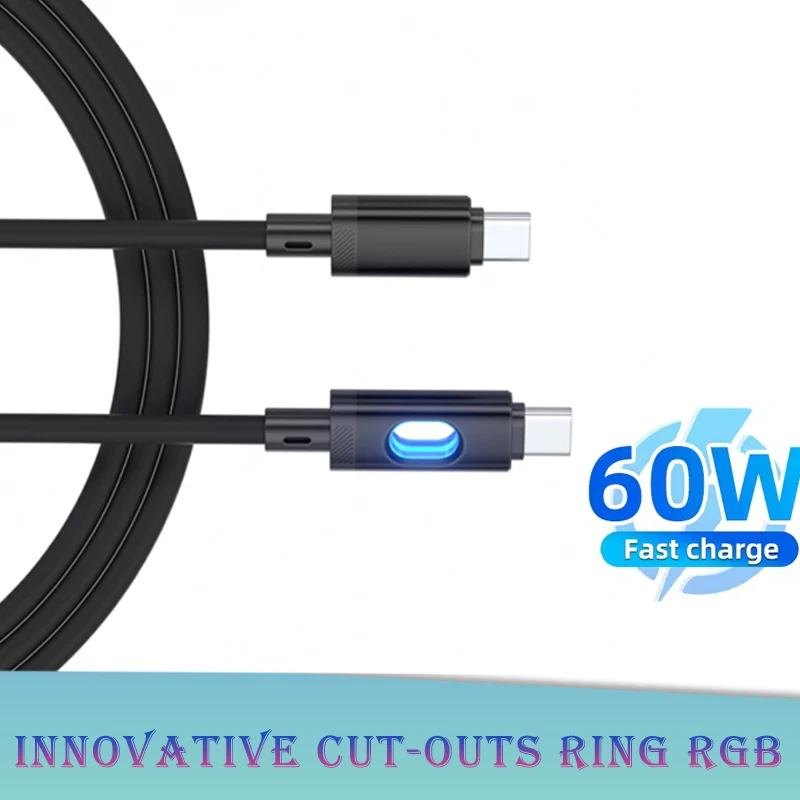

Night Glow PD 60W USB C Cable RGB Fast Charging 6A Quick Charge LED Light for iPhone 16 Samsung Xiaomi Home Car Office Black