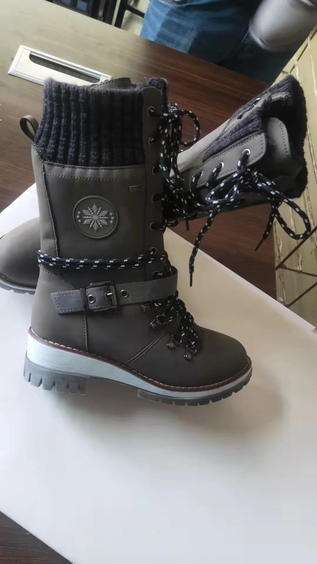 2025 frauen Winter Schnalle Spitze Gestrickte Mid-kalb Stiefel Niedrigen Ferse Runde Kappe Stiefel Top Qualität Winter Warme stiefel Frauen Botas De Mujer – Detail 25