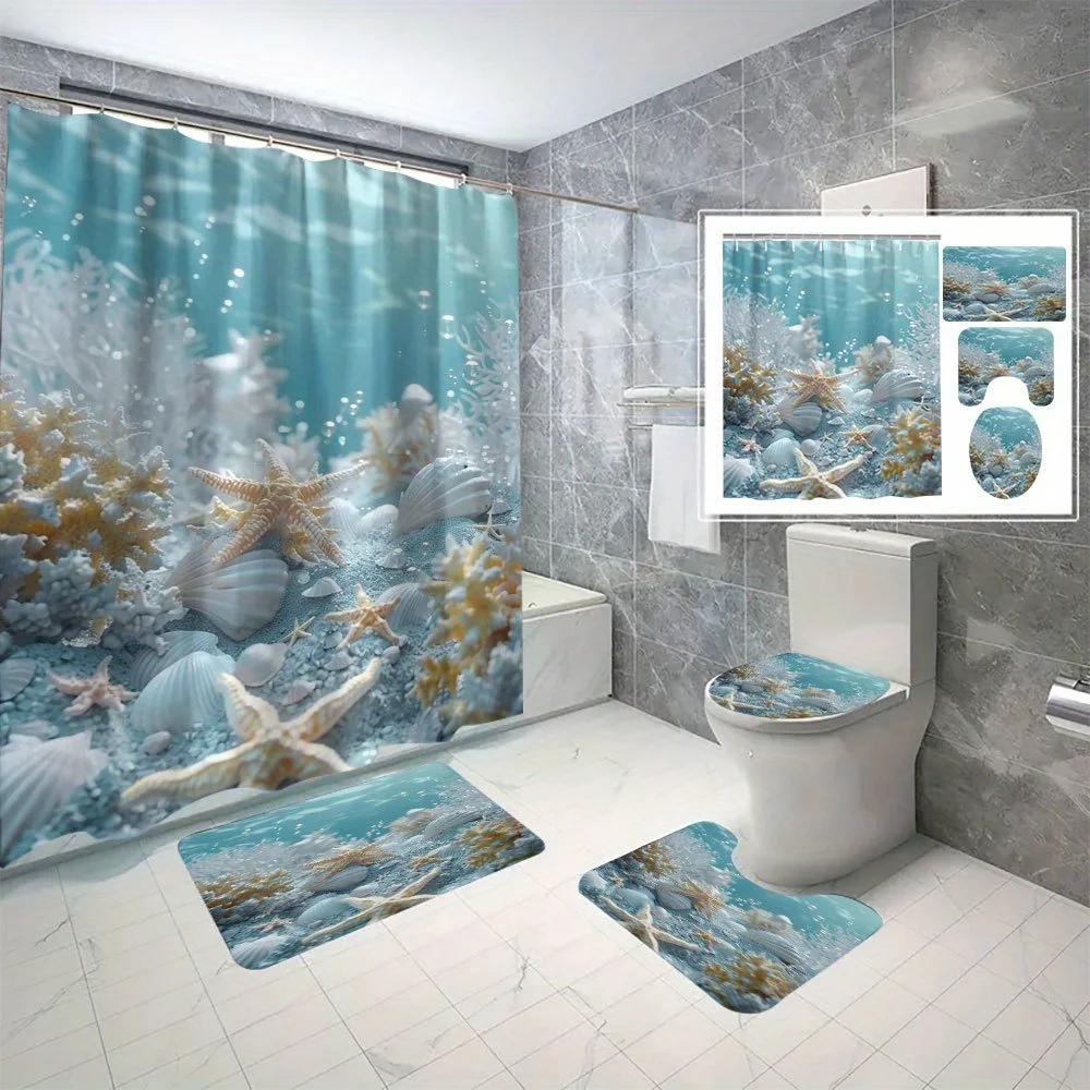 

4-piece starfish digital print polyester shower curtain punch-free partition bathroom set, machine washable for bathroom