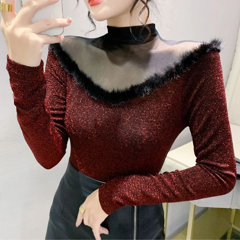 Women Clothing Stylish Sexy See Through Mesh Patchwork Basic T-shirt Elegant Bright Silk Half High Collar Long Sleeve Slim Tops