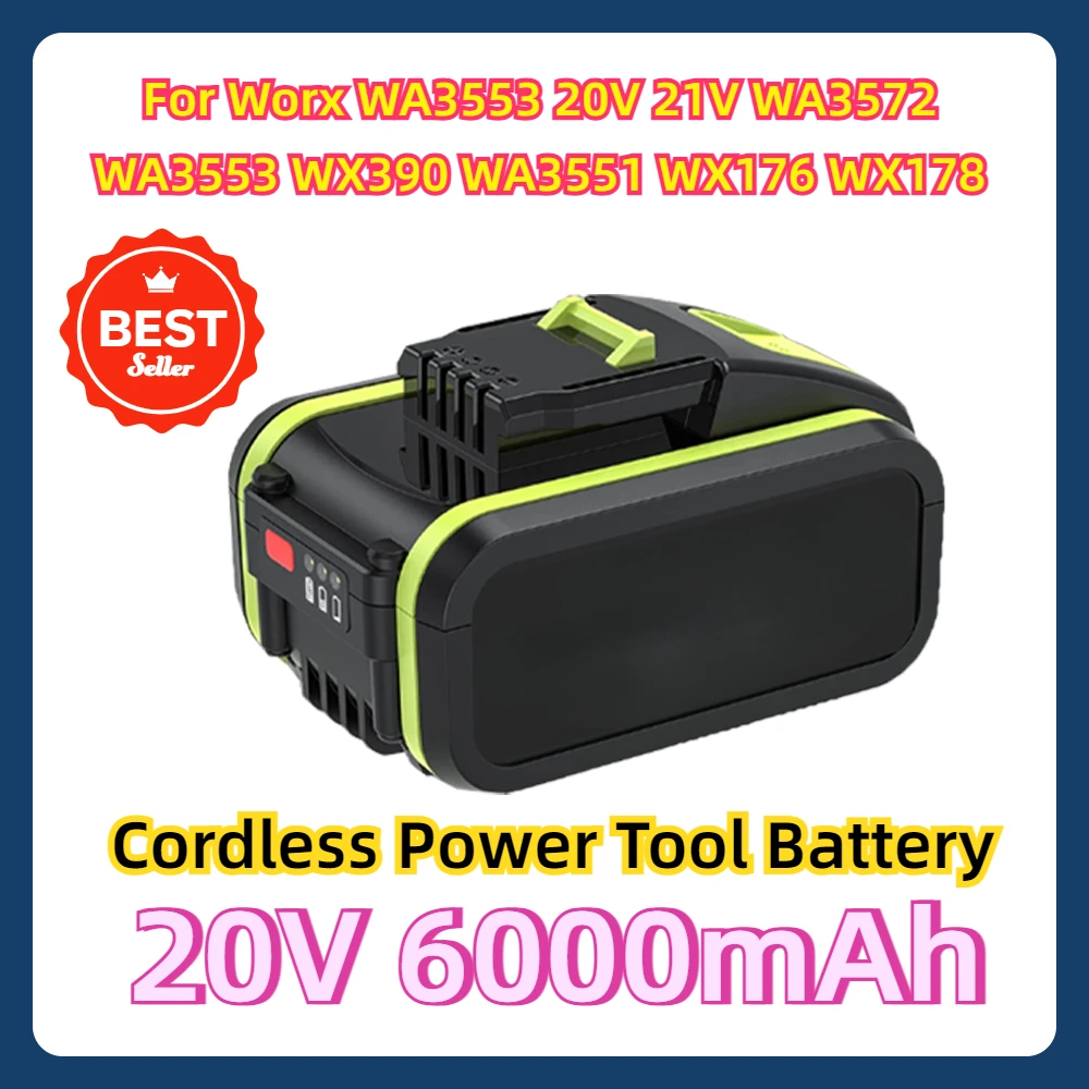 For Worx WA3553 20V 21V Cordless Power Tool Battery WA3572 WA3553 WX390 WA3551 WX176 WX178 Spare Batteriies New 6000mAh Battery