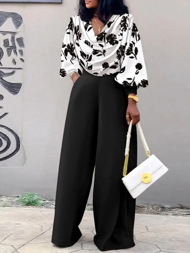 우아한 2피스 의상 플로럴 프린트 카울넥 랜턴 소매 신축성 있는 밑단 크롭탑 캐주얼 밴딩 허리 와이드 레그 팬츠 세트