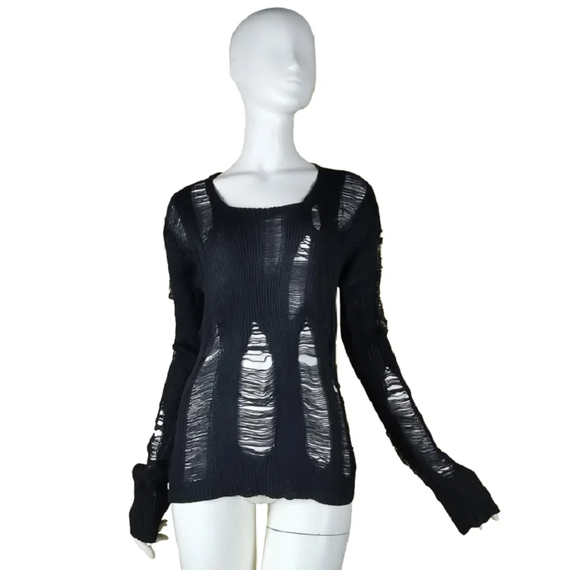 Maglione gotico Sexy scava fuori da donna O collo manica lunga pullover neri top lavorati a maglia strappati maglioni Casual primavera autunno 2024