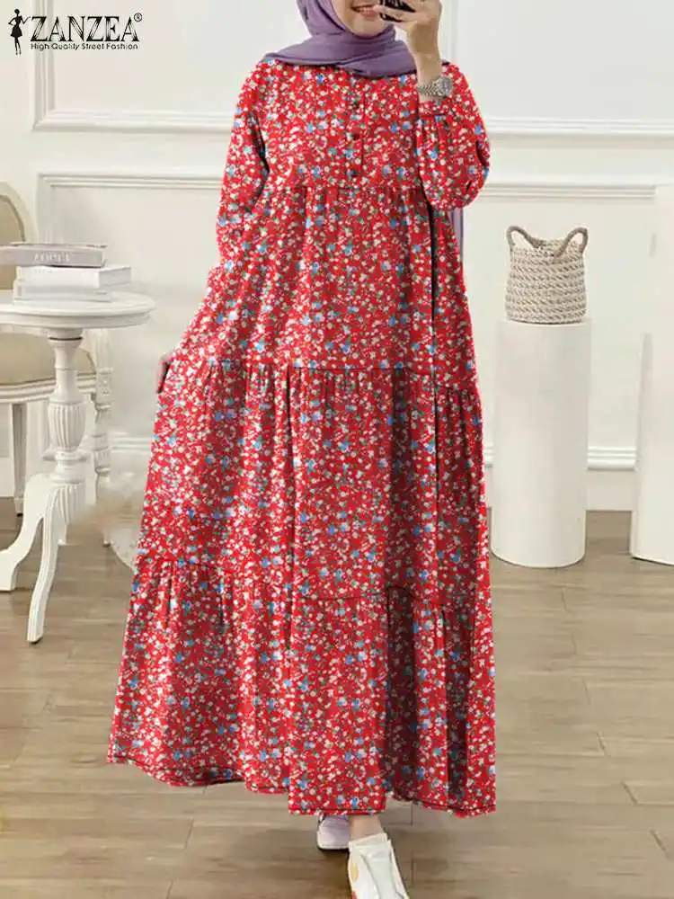 

ZANZEA Autumn Vintage Ramadan Turkey Sundress Robe Femme Casual Vestido Women Bohemian Floral Printed Long Sleeve Muslim Dress