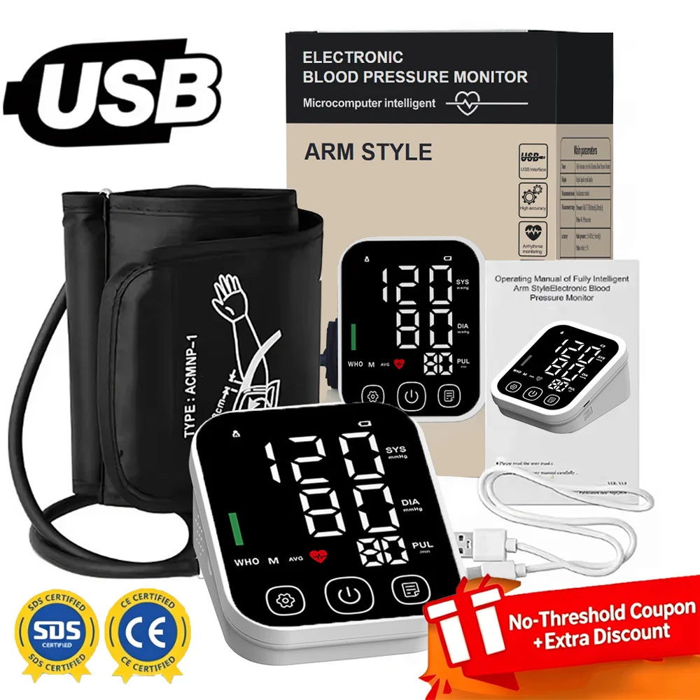Monitor de Presión Arterial Recargable, Medidor Digital Portátil de Arritmias, Tonometer Automático de Brazo, Tensiómetro para el Hogar