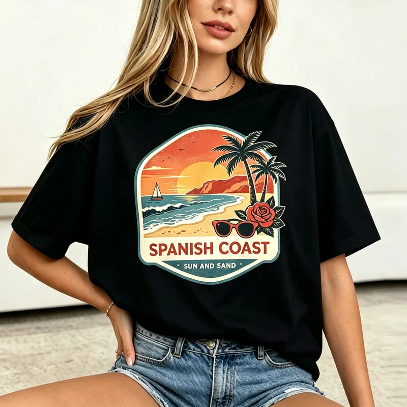 Sun and Sand T Shirt Women Spanish Coast Beach Sunset Graphic Casual Loose Short Sleeve Holiday Travel Party Tops Cotton Unisex