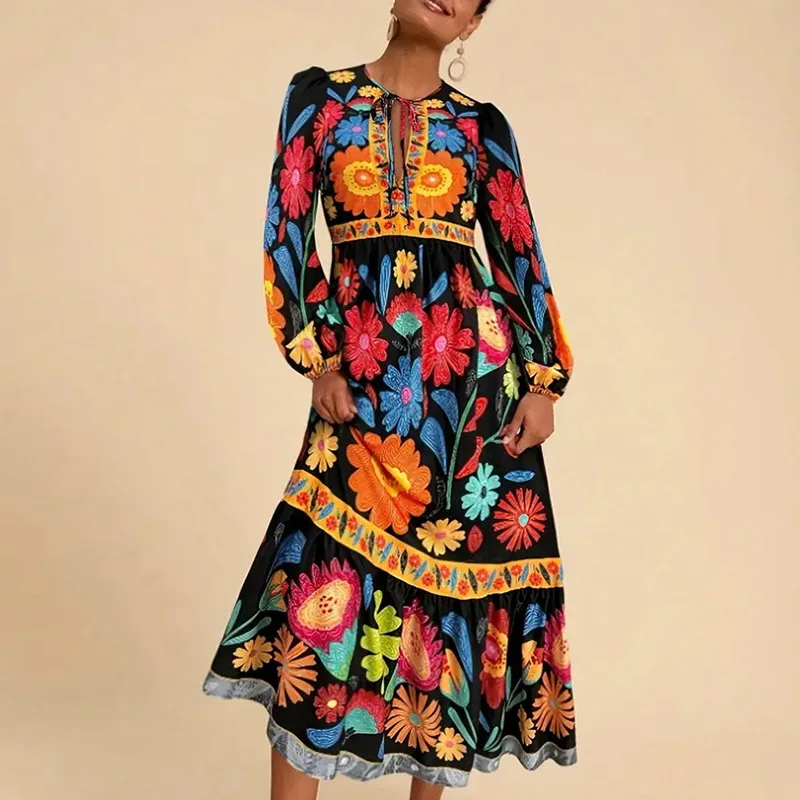 가을 O넥 레이스업 루즈핏 출퇴근룩 휴가 하이웨이스트 플리츠 로브 드레스 플라워 프린트 랜턴 슬리브 여성 원피스